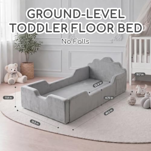 Grey Toddler Floor Bed No Assembly Soft Foam Frame Removable Cover