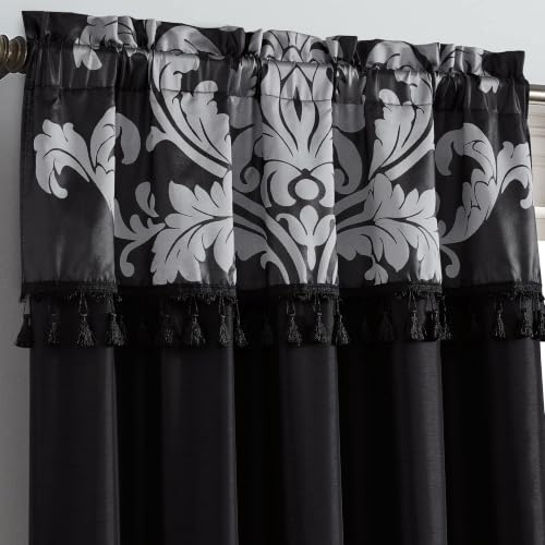 Black Silver Jacquard Floral Window Curtain Set with Sheer Backing and Tassels