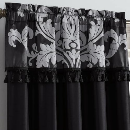 Black Silver Jacquard Floral Window Curtain Set with Sheer Backing and Tassels