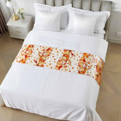 Orange Pumpkin Fall Bed Runner for Cal King Bed 102x20 Inches - Decorative Sofa Throw & Bed Scarf with Maple Leaf Sunflower Design - Variation of 102"x20" Orange, Red, Yellow