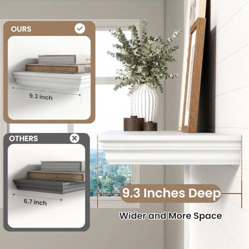 White 24 Inch Floating Wall Shelves Set of 2 with Crown Molding - 9.3" Deep