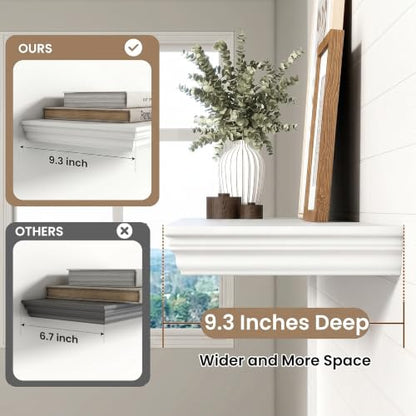White 24 Inch Floating Wall Shelves Set of 2 with Crown Molding - 9.3" Deep
