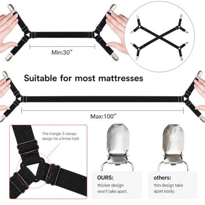 Black Adjustable Sheet Straps - Fitted Sheet Clips for Bed Sheets - 4 Pack