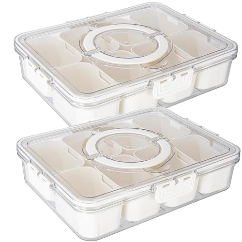 Divided Snack Serving Tray with Lid and Handle, Travel Snackle Box Charcuterie Container, Portable Storage Organizer for Candy, Fruits, Nuts, Snacks(2 Pack)