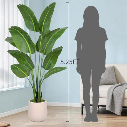 Bird of Paradise Artificial Plant 5ft Tall with White Planter - Fake Tropical Tree for Indoor Decor