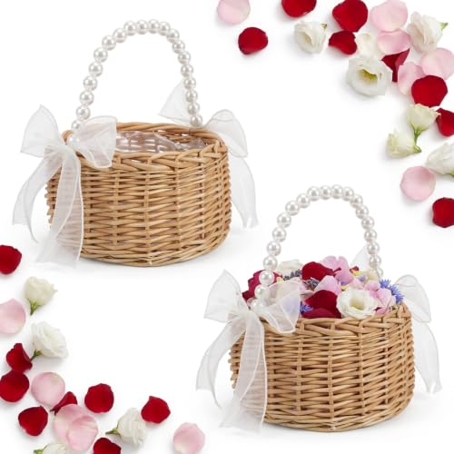 2 Pack Wicker Rattan Flower Girl Baskets with Handle & Linings for Weddings