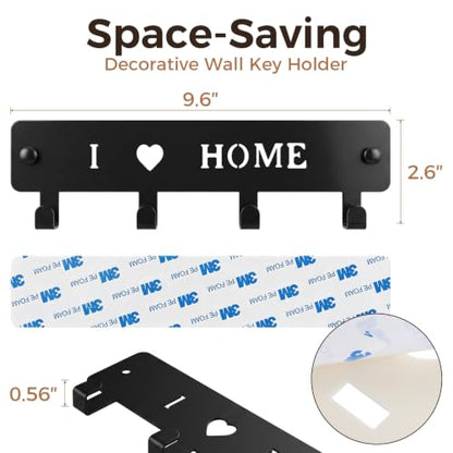 4-Hook Metal Wall Mount Key Holder with Self-Adhesive Back - Black, 9.45 Inches