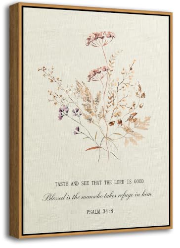 Psalm 34:8 Bible Verse Wall Art Framed Canvas Decor 24x16 Inches - Floral Scripture