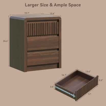 Nightstand Set of 2 Walnut Fluted End Tables with 3 Drawers - 20 Inch Mid-Century Living Room Bed Side Tables
