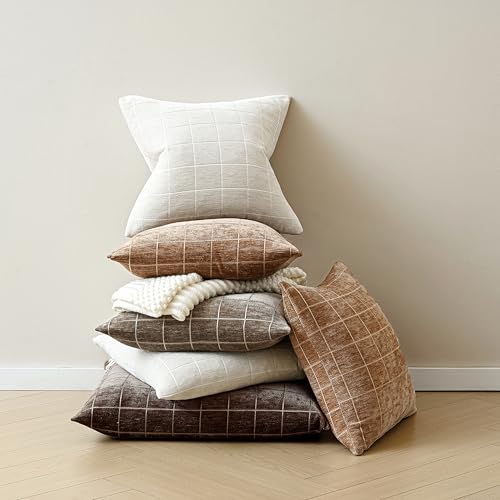 Beige Chenille Plaid Throw Pillow Covers Set of 2 26x26 Inches - Boho Home Decor