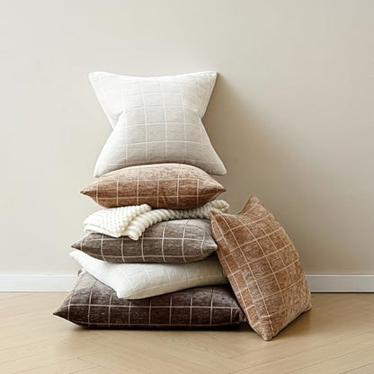 Beige Chenille Plaid Throw Pillow Covers Set of 2 26x26 Inches - Boho Home Decor