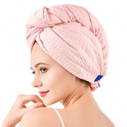 Microfiber Hair Towel Wrap for Women - Quick-Drying, Soft Absorbent Turban with Elastic Button Loop, Lightweight for Wet, Long, Curly & Thick Hair, Blush Pink