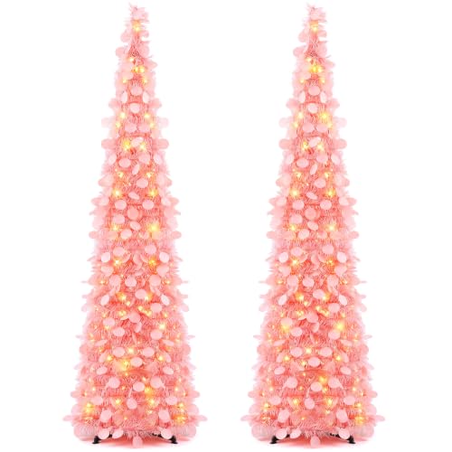 Pink Collapsible Christmas Tree with LED Lights - 5 ft, 2 Pack