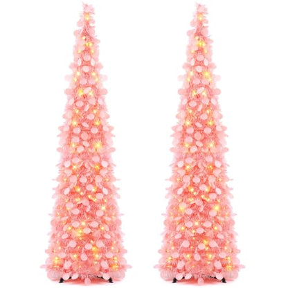 Pink Collapsible Christmas Tree with LED Lights - 5 ft, 2 Pack
