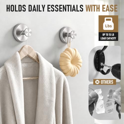 Suction Cup Shower Hooks - Silver 2 Pack No Drill Bathroom Towel & Robe Hangers
