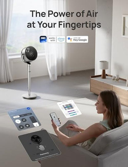 DREO Smart Fan for Bedroom, Position-based Oscillation, 150°+120° 3D Oscillating Fan, 110ft Pedestal Fans with Wi-Fi/Voice/Remote, Standing Fans Work with Alexa/Google, 9 Speeds, 6 Modes, 25dB, Silver