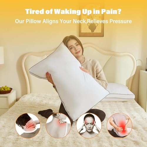 Queen Size Goose Down Fiber Pillow Set of 2 - White, Supportive & Fluffy