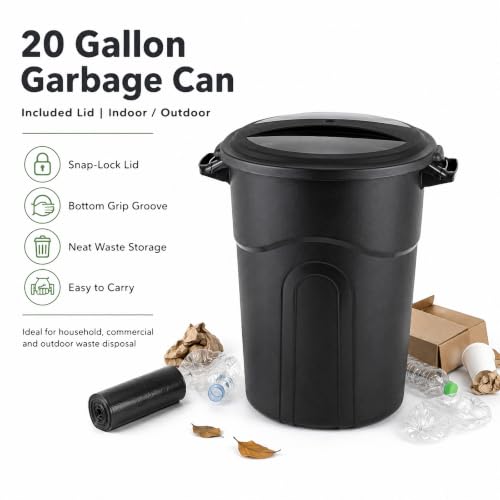 Round 20 Gallon Heavy Duty Plastic Trash Can with Locking Lid - Black