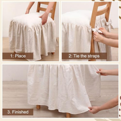 4 Pcs Ruffle Chair Cushion Covers 17.5x17.5 Inches Cotton Linen Natural - Farmhouse Style