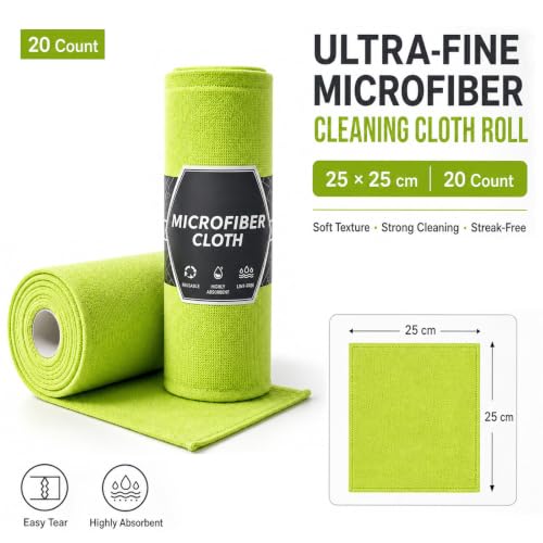 Reusable Microfiber Cleaning Cloths Roll - 20 Green Tear-Off Towels