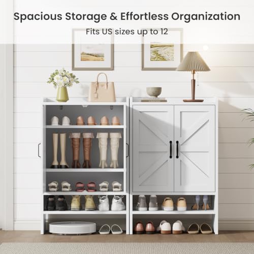White Shoe Cabinet with 2 Barn Doors, 4-Tier Modern Storage, 23.6W x 35.8H