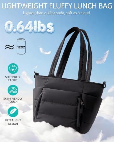 Puffy Insulated Lunch Tote Bag for Women with Multiple Pockets - Black