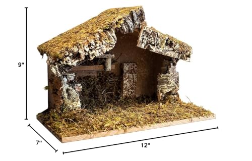 Handmade Wooden Nativity Stable with Moss for Christmas Scene - 12x7x9 Inches