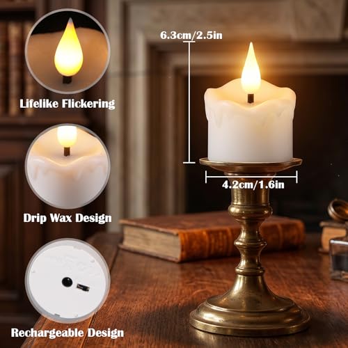Rechargeable White Wax Tea Lights Candles with Remote Control - 12 Pack - D-White-12