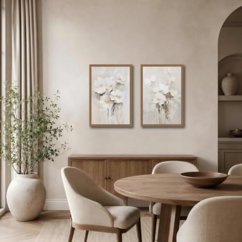 White Beige Floral Wall Art Set of 2 Canvas Prints 12x16in - Neutral Decor
