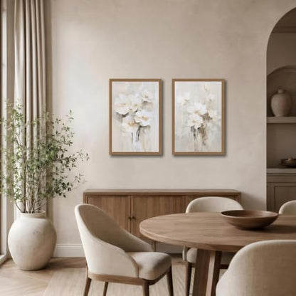 White Beige Floral Wall Art Set of 2 Canvas Prints 12x16in - Neutral Decor