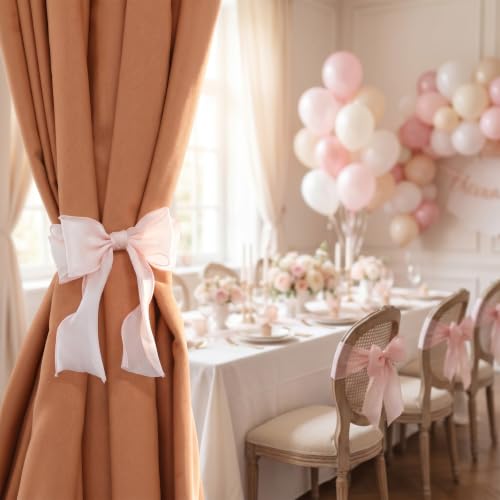 Pink Silky Bow Curtain Tiebacks with Lace - No Tools Needed, Set of 4