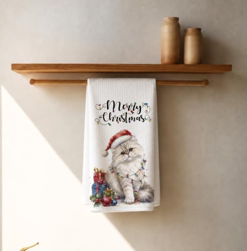 Santa White Cat Kitchen Towel - Christmas Winter Decor, 16x24in