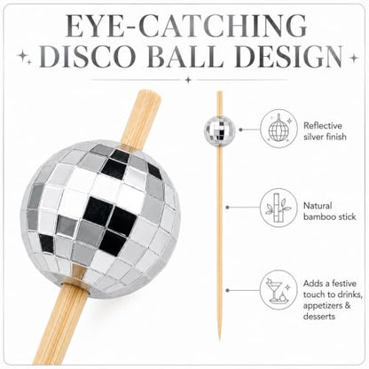 Silver Disco Ball Cocktail Picks - 200 Pack for Drinks, Appetizers & Parties