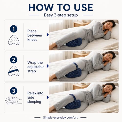 Heart-Shaped Jacquard Navy Knee Support Pillow for Side Sleepers with Adjustable Strap