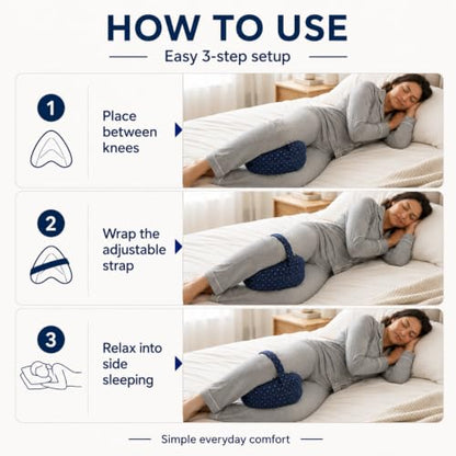 Heart-Shaped Jacquard Navy Knee Support Pillow for Side Sleepers with Adjustable Strap