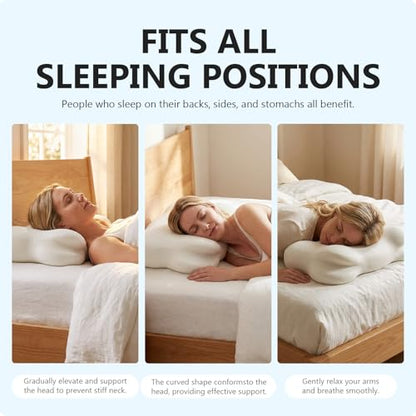 White Cloud Pillow, Ergonomic Memory Foam Cervical Neck Support with Breathable Cover, Adjustable Dual-Height Design for Side Back Stomach Sleepers