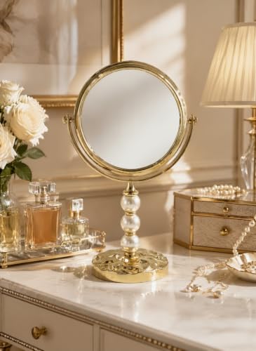 Gold Double Sided Makeup Mirror with 1X & 2X Magnification - Swivel Tabletop Vanity Mirror