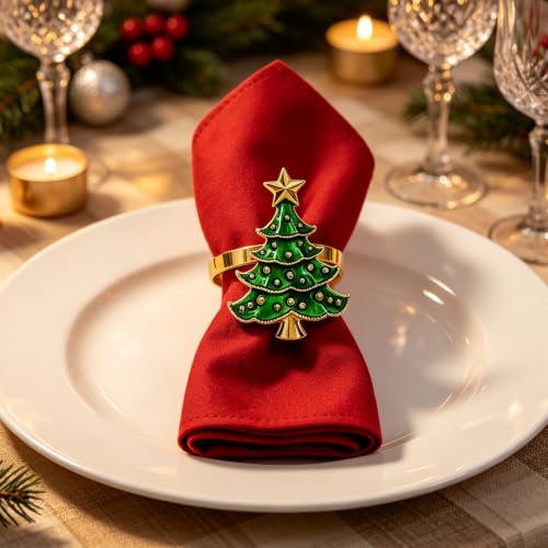 Christmas Tree Napkin Rings Set of 6 - Green Holiday Table Decor