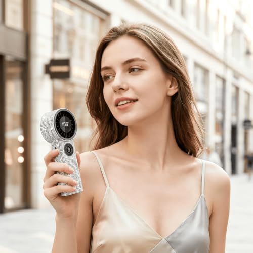 White Diamond Luxury Handheld Fan with Rhinestones, 100 Speed Stepless Control