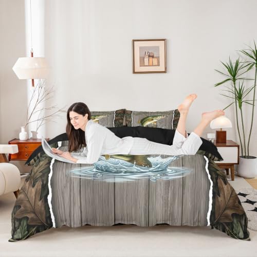 Fishing Hunting Duvet Cover Set Queen Size Rustic Cabin Bedding 3Pcs - Green Grey No Comforter