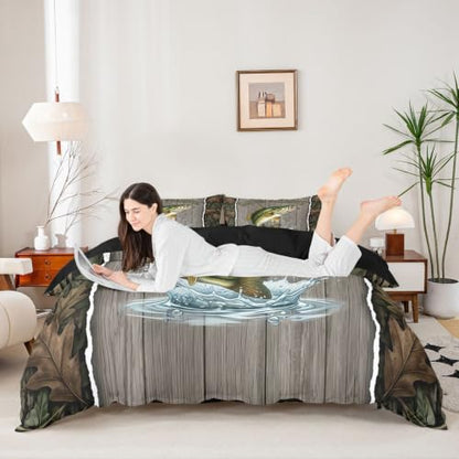 Fishing Hunting Duvet Cover Set Queen Size Rustic Cabin Bedding 3Pcs - Green Grey No Comforter