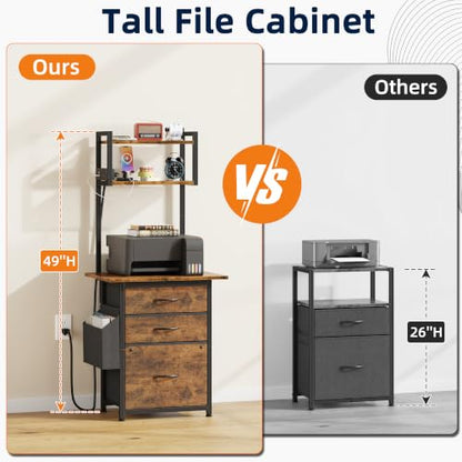Rustic Brown 49-Inch Tall 3-Drawer File Cabinet with Charging Station