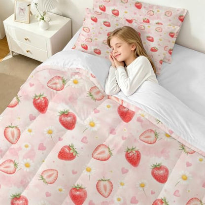 Twin Pink Strawberry Comforter Set for Girls Kids Teens - Kawaii Floral Bedding