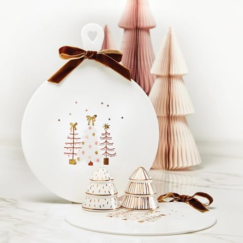 Blush Holiday Ceramic Cheese Plate with Snowy Tree Scene - 13x10 Inch