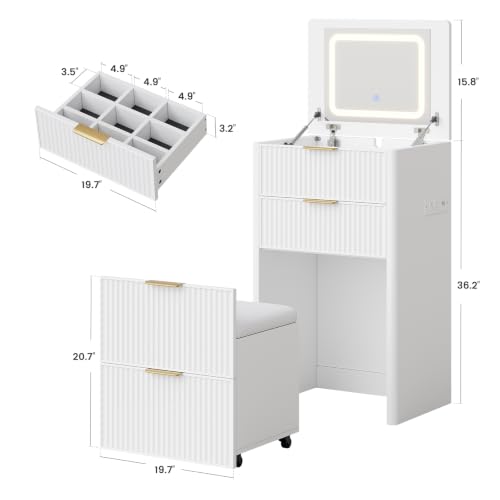 3-in-1 Small Vanity Desk with LED Mirror and Charging Station