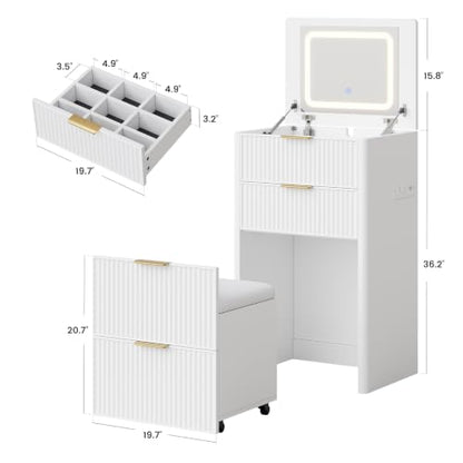 3-in-1 Small Vanity Desk with LED Mirror and Charging Station