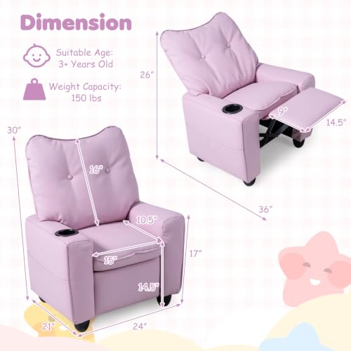 Kids Recliner Chair with Cup Holder & Storage Pockets - Pink