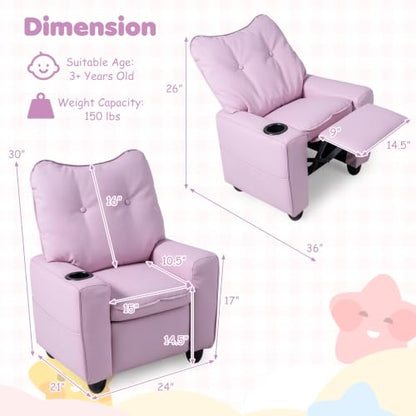 Kids Recliner Chair with Cup Holder & Storage Pockets - Pink