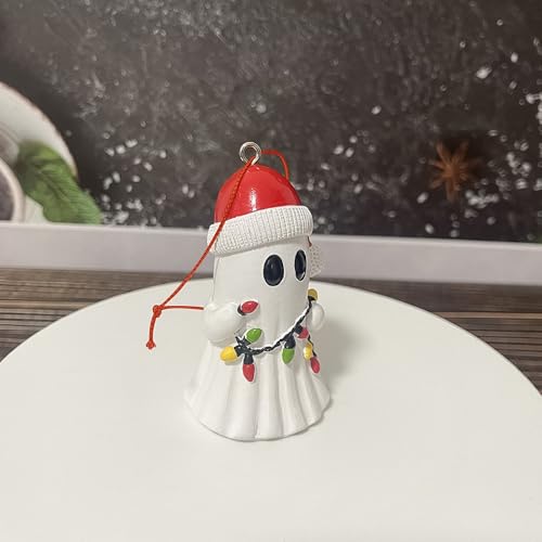 Christmas Ghost Ornament with Santa Hat - Resin Holiday Hanging Decor