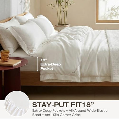 Queen Size Organic Viscose Bamboo Sheets Set - Cooling Silky Soft Bed Linen with 18" Deep Pockets & Corner Straps - White